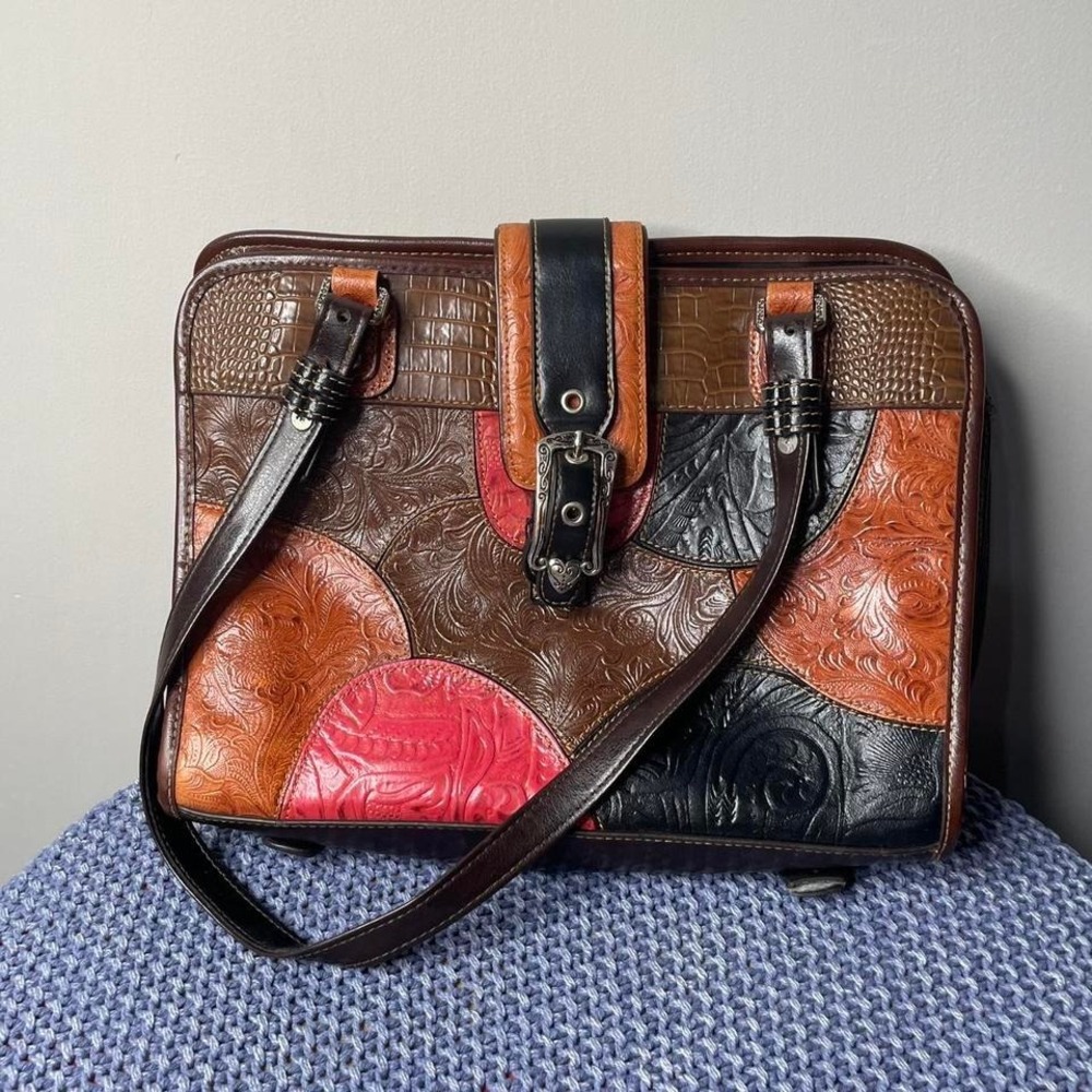 Brown leather, hand tooled patchwork handbag‎ with floral pattern